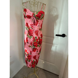 Women's Sugar Thrillz Pink & Red Rose Print Corset Midi Dress M
